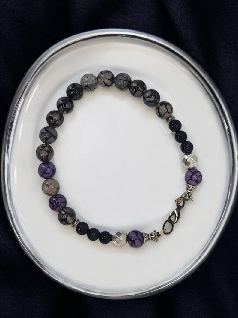 Purple Lace Agate and Onyx Bracelet - Handcrafted by Michael - Elegant Boho Jewelry - Royal Touch - Fashion Bracelet